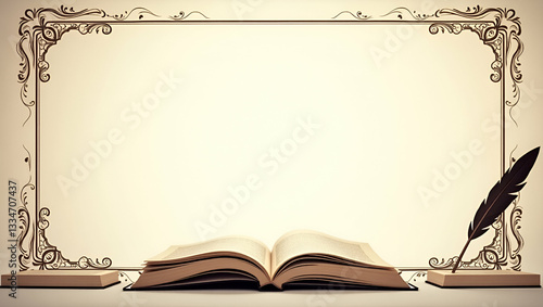 Elegant International Book Day Frame: Beautifully Designed with Open Books and Quill Pens, Perfect for Messages and Copy Space in Photo Stock Concept
