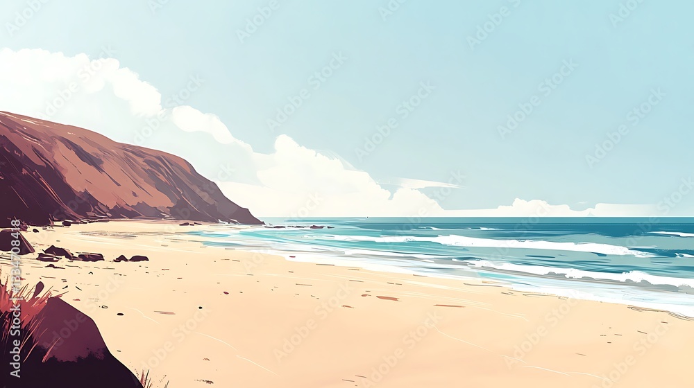 Coastal Beach Scene With Mountain And Ocean Under A Clear Sky Coastal Beach Scene With Mountain And Ocean Under A Clear Sky