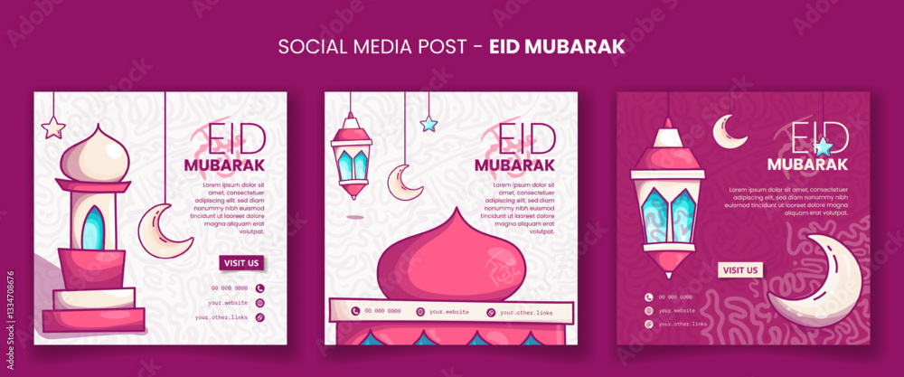 Eid mubarak. Set of social media post template with lantern and mosque in cerise pink design Eid mubarak. Set of social media post template with lantern and mosque in cerise pink design