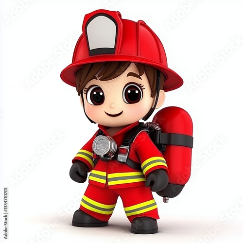 Cute Cartoon Firefighter Illustration Child in Red Uniform