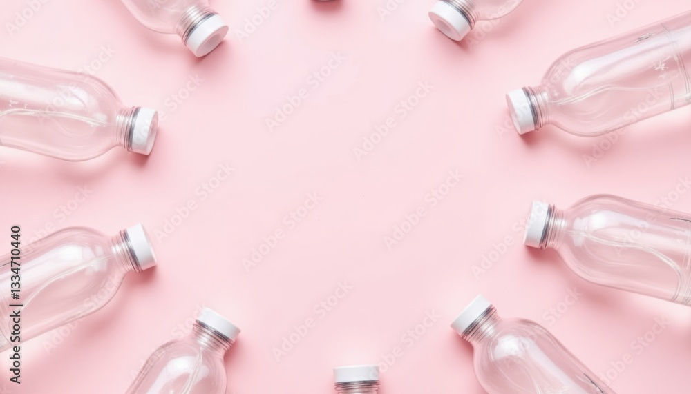 Playful Design: Arrange water bottles in a playful, circular pattern on a pastel colored backdrop, adding a whimsical element to the composition. Playful Design: Arrange water bottles in a playful, circular pattern on a pastel colored backdrop, adding a whimsical element to the composition.