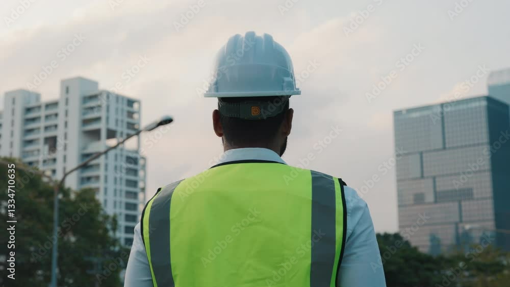 Experienced engineer in safety vest and helmet looks at buildings under cloudy sky backside view. Builder rests after long working day at construction site. City development Experienced engineer in safety vest and helmet looks at buildings under cloudy sky backside view. Builder rests after long working day at construction site. City development
