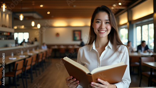 Smiling Young Woman Choosing from Restaurant Menu: A Symbol of Leisure and Modern Dining Experience with Empty Space for Text in Stock Photo