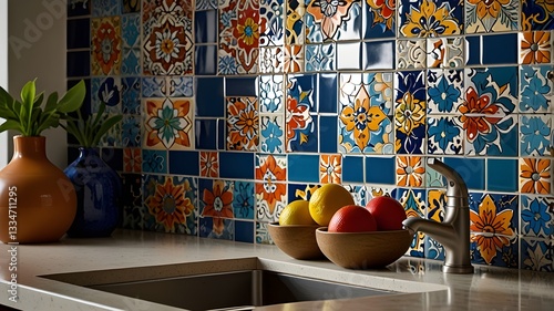 A modern kitchen backsplash incorporating colorful Talavera tiles in a sleek, contemporary style