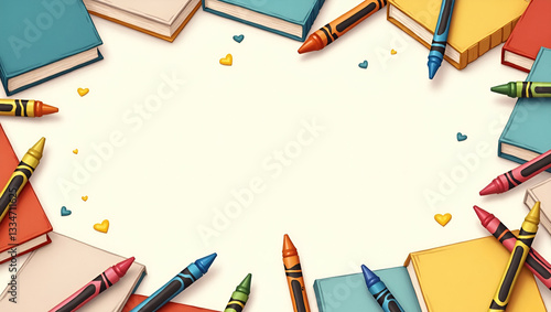 International Childrens Book Day border with book pages and crayons offering ample space for quotes concept as Book day frame featuring book pages and crayons for ample space for quotes in  Photo Stoc