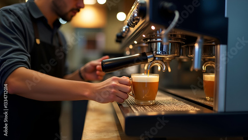 Espresso coffee machine in cafe with professional barista preparing hot caffeinated drink serving cappuccino in modern coffee shop setting. concept as Espresso coffee machine in cafe with professional