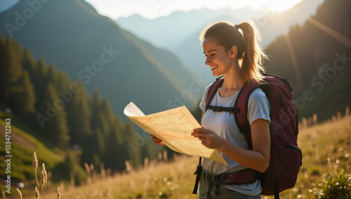Flat Young woman backpacker hiker reading map hiking trip looking away to find place to go adventure holiday concept as Young female backpacker and hiker reading a map during a hiking trip looking awa