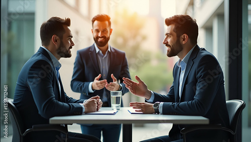 Businessmen Collaborating Outdoors: Discussing Work and Building Partnerships in a Scenic Setting - Stock Photo Concept with Space for Text on the Left
