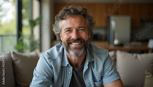 Flat Relaxed 50 year old bearded man sitting on couch at home wearing casual shirt radiating warmth comfort and positivity in modern interior. concept as Middle aged individual gazes calmly at camera 