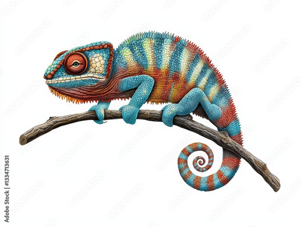 Fototapeta premium Vibrant chameleon perched on a branch, showcasing stunning colors and unique patterns, perfect for nature-themed designs.