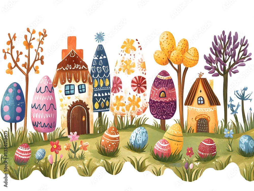 Naklejka premium Easter Wonderland: An inviting artistic composition with whimsically decorated Easter eggs and miniature houses nestled in a charming landscape