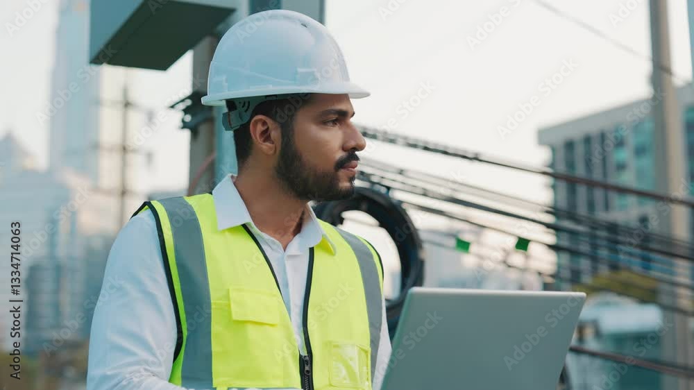 Portrait of electrician working on laptop near power transmission lines. Bearded engineer checks electrical network settings at construction site. Modern building technology Portrait of electrician working on laptop near power transmission lines. Bearded engineer checks electrical network settings at construction site. Modern building technology