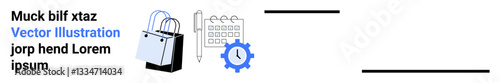 Shopping bags, a calendar with a pencil, and a gear symbolize retail, organization, schedule planning, time management, e-commerce setup, business strategy and task delegation. Ideal for flat
