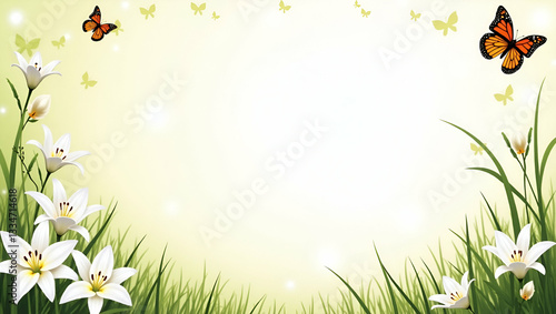 Easter lilies and butterflies border frame with graceful copy space for Easter concept as Elegant Easter lilies and fluttering butterflies framing graceful space for Easter messages in  Photo Stock  C