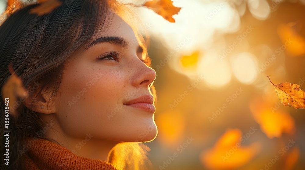 Fototapeta premium Young woman enjoying autumn sunlight with falling leaves in a serene outdoor setting during the golden hour
