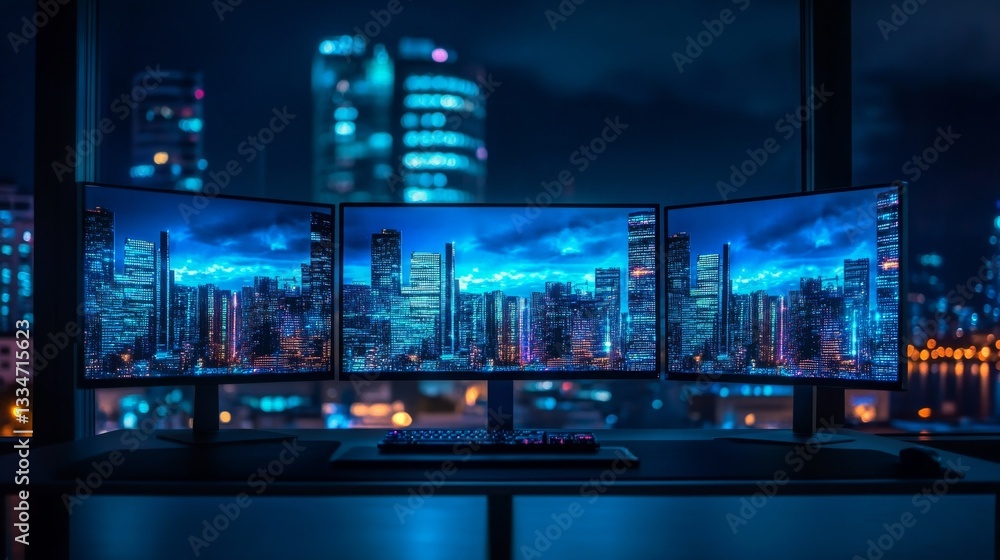 Multiple computer monitors display a vibrant city skyline at night with blue lighting reflecting urban architecture Multiple computer monitors display a vibrant city skyline at night with blue lighting reflecting urban architecture