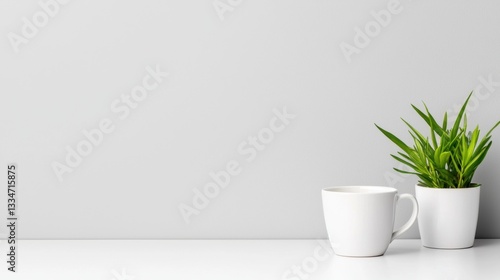 Wallpaper Mural A minimalist white table with two white mugs and a small green plant. Torontodigital.ca