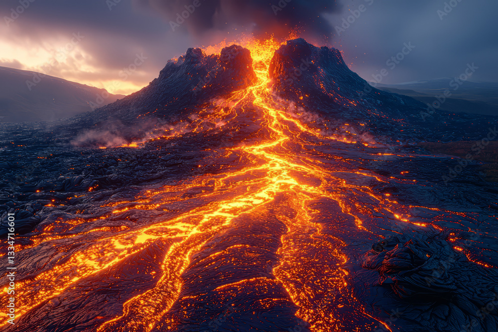 A volcanic eruption captured at twilight with glowing lava streams. Concept of natural disasters and geological forces.