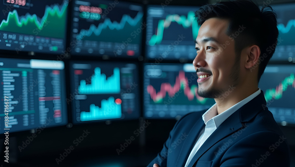 Confident businessman in front of stock market screens Generative AI image. concept as Confident businessman standing in front of stock market screens generated using AI representing financial experti Confident businessman in front of stock market screens Generative AI image. concept as Confident businessman standing in front of stock market screens generated using AI representing financial experti