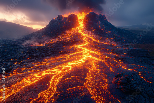 Obraz na płótnie A volcanic eruption captured at twilight with glowing lava streams. Concept of natural disasters and geological forces. w salonie