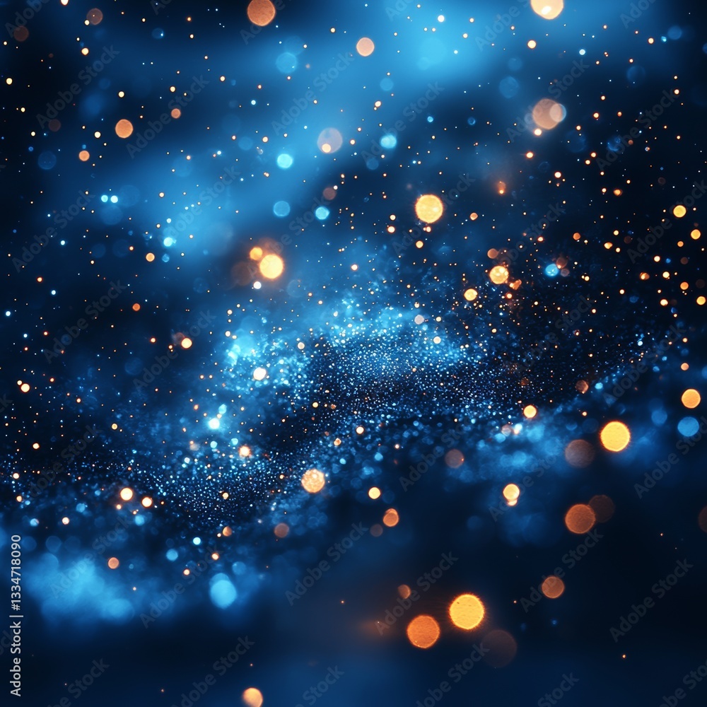 Obraz premium Enchanting cosmos illustration with sparkling dust, glowing particles and bokeh lights set against a deep blue and black background
