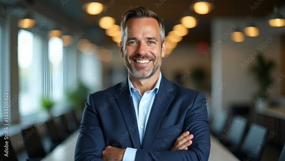 Fototapeta premium Confident Mature Male CEO in Bright Office: Projecting Reliability and Entrepreneurial Foresight with Arms Crossed - Symbolizing Experience and Positive Corporate Direction in Stock Photo