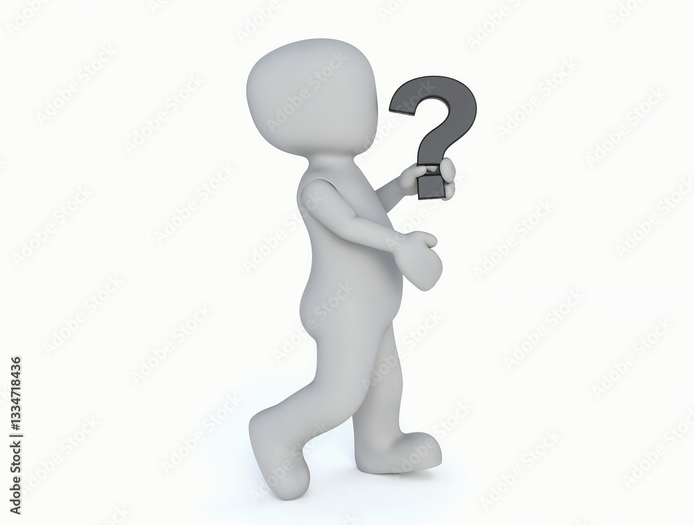 A white humanoid figure with a smooth, featureless design holds a large black question mark against a plain, light background, emphasizing minimalism. A white humanoid figure with a smooth, featureless design holds a large black question mark against a plain, light background, emphasizing minimalism.
