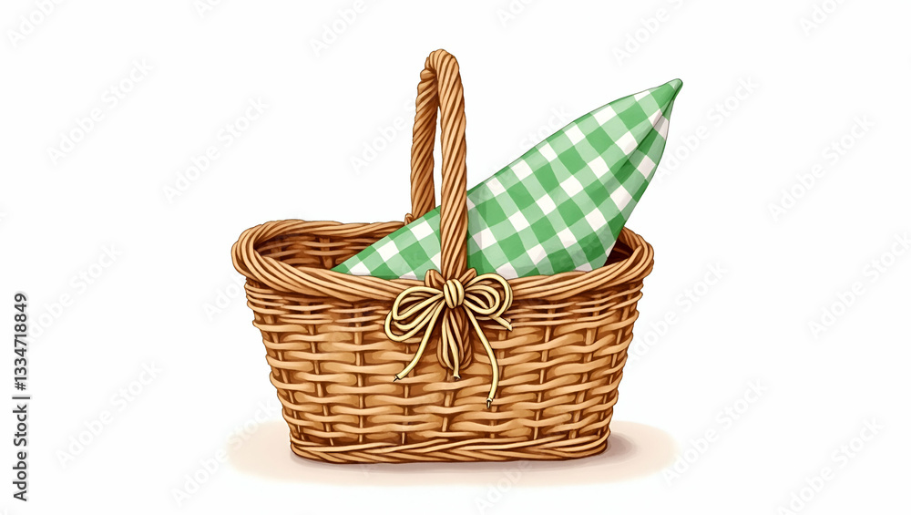 Obraz premium Flat Watercolor illustration of wicker picnic basket with green and white checkered cloth napkin tied with raffia bow on white background ideal for outdoor themes and lifestyle designs concept as Wate