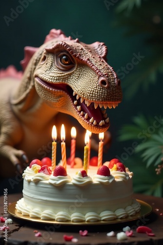 Close up of a dinosaur munching on a cake with candles, candle, whimsical, decoration photo