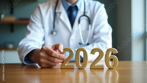 Doctor white uniform holding stethoscope gold wooden 2026 desk Happy New Year healthcare medical concepts new trend concept as Doctor in white uniform holding stethoscope with gold wooden 2026 on desk