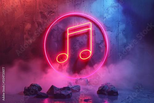 Glowing 3D Neon Music Note with Light Effects on Gradient Background