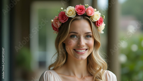 Flat Beautiful woman with a floral crown on her head concept as Beautiful woman adorned with a floral crown showcasing elegance and natural beauty in  Simple flat cute vector illustration of  smart bu