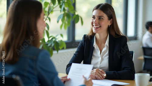 Busy happy business woman professional bank manager lawyer attorney consulting client on finances management. Female executive speaking to colleague working at office corporate meeting vertical. conce