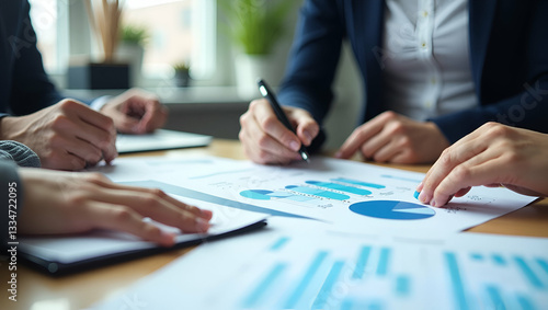 Flat Business people hands doing analysis planning business project in office illustrating strategic planning and teamwork concept as Business peoples hands analyzing and planning business project in 