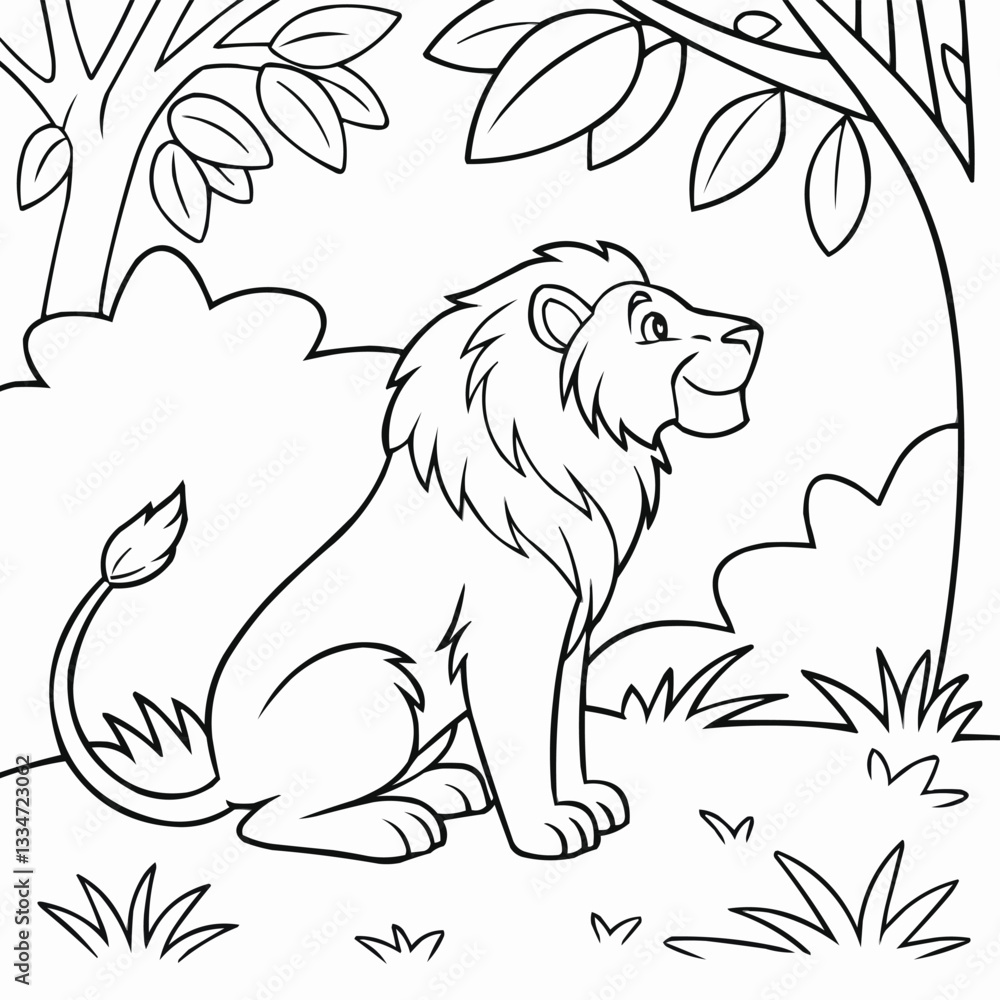 Obraz premium Smiling Lion in the Jungle Coloring Page for Kids