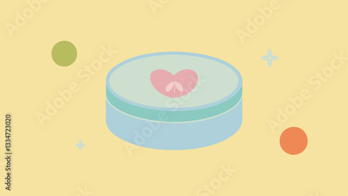 Repair Balm Tub A small round tin with the lid slightly ajar showcasing a creamy balm. Surrounding the tin are icons of calm and relief such as a peace symbol and a heart.