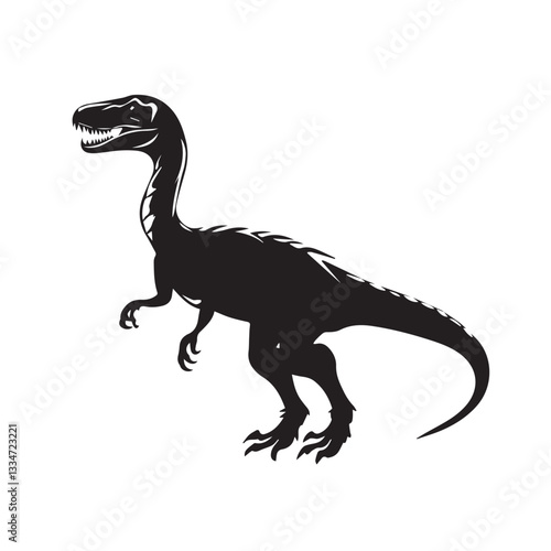 black and white picture with a predatory dinosaur on a white background, vector, logo
