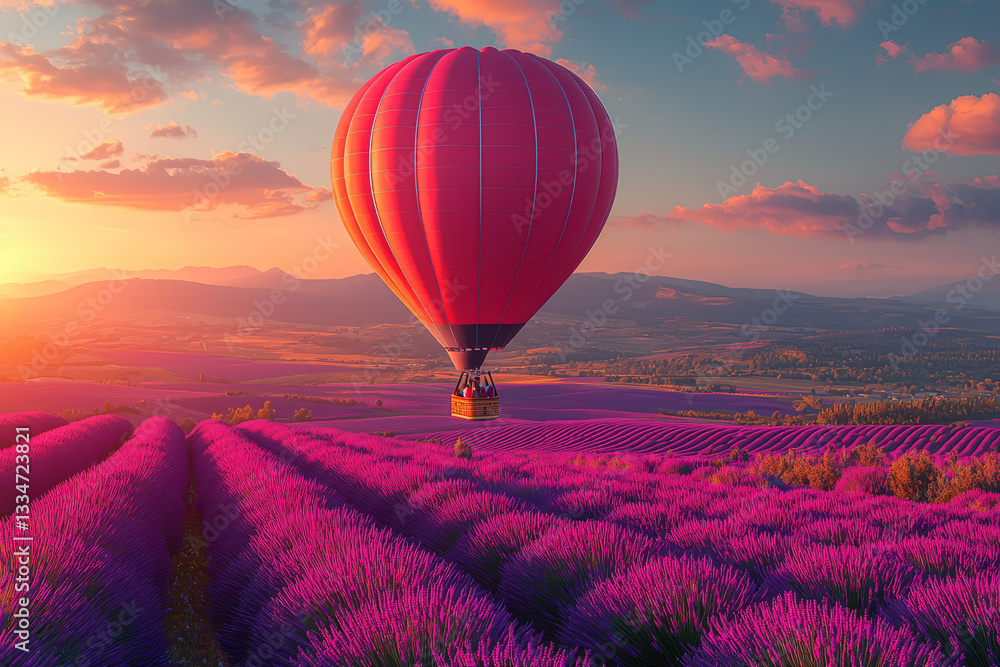 A hot air balloon floating over lavender fields at sunrise. Concept of leisurely exploration and rural tourism.