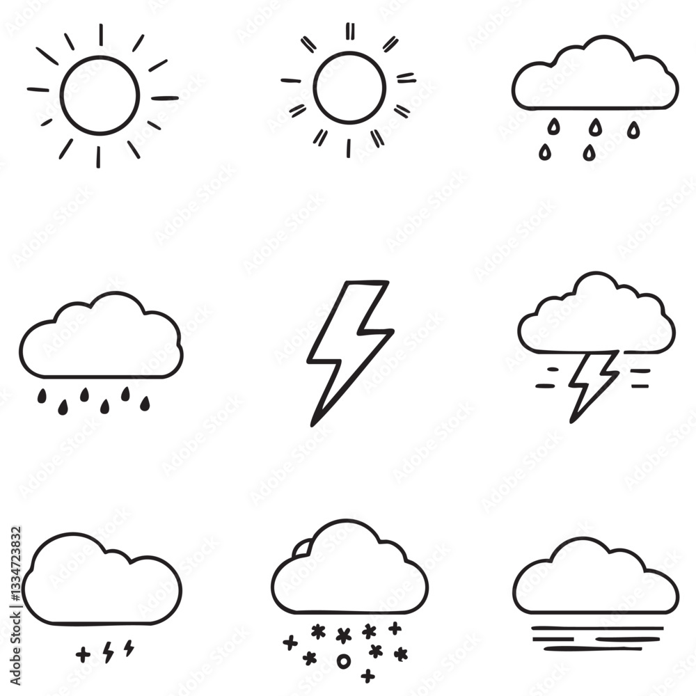 This set features a collection of simple, black line icons representing various weather conditions This set features a collection of simple, black line icons representing various weather conditions