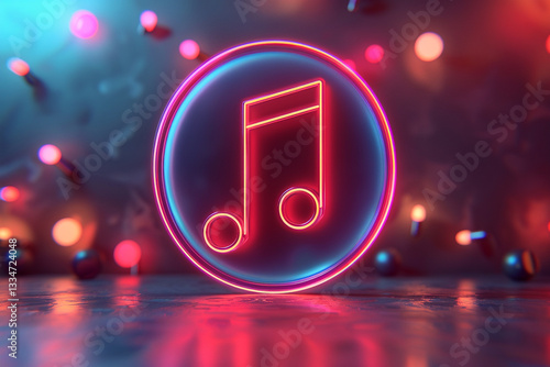 Glowing 3D Neon Music Note with Light Effects on Gradient Background