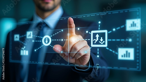 Businessman interacting with screen for risk management and assessment illustrating finance strategy plan business and enterprise risk assessment and investment assessment concepts concept as Business