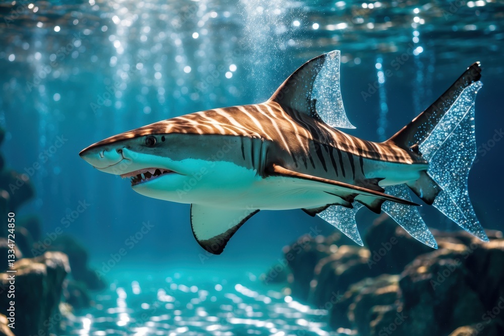 A majestic shark gliding gracefully through clear blue waters, with sunlight filtering through, creating a mesmerizing underwater scene A majestic shark gliding gracefully through clear blue waters, with sunlight filtering through, creating a mesmerizing underwater scene