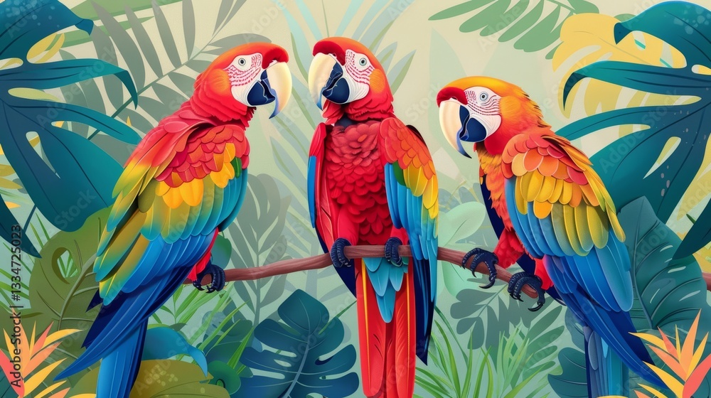 Obraz premium Enchanting portrayal of three colorful parrots perched together on a branch, surrounded by tropical flora creating a sense of tranquility.