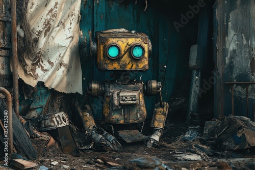 Abandoned Yellow Robot in a Junkyard Surrounded by Rusted Metal Debris and Broken Machinery in a Dimly Lit Environment