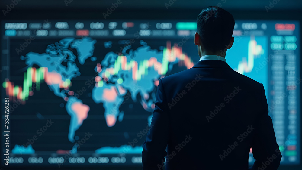 Fototapeta premium Confident businessman standing in front of stock market screens generated using AI representing financial expertise and trading. concept as Confident businessman standing in front of stock market scre