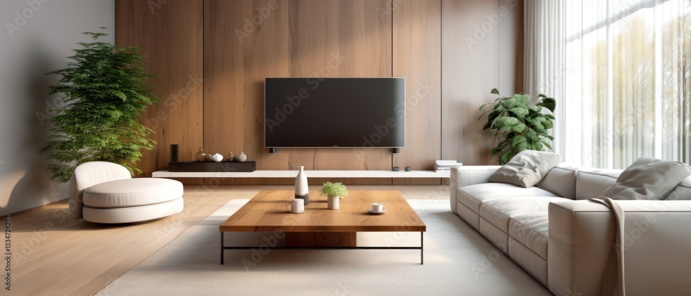 Fototapeta premium Living Room. Cozy Living Room Interior. Comfortable and Stylish Design with Soft Furnishings and Relaxing Ambiance, Home Decor Concept with Copy Space. Real Estate Concept. Hotel Concept