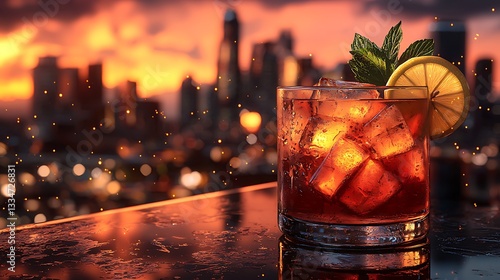 Sunset rooftop drink, city lights, cool beverage, high-end bar