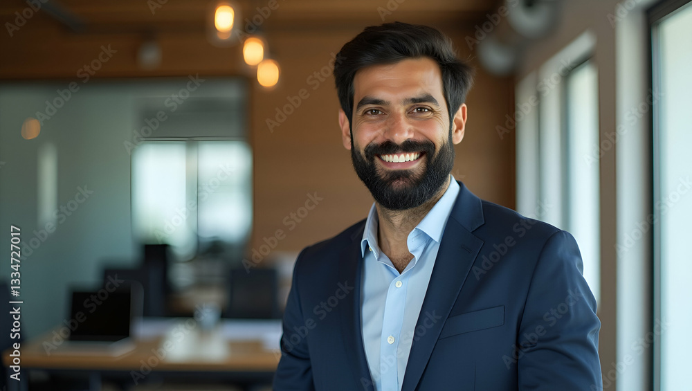 Fototapeta premium Happy Smiling Bearded Indian Businessman: Small Business Owner & Successful Lawyer Posing for Headshot Portrait in Office - Stock Photo Concept with Empty Space