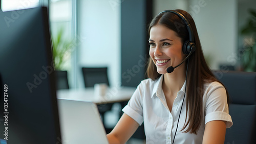Flat Smiling contract service telemarketing operator using laptop having conversation happy Indian call center agent wearing headset talking to client working in customer support office authentic shot