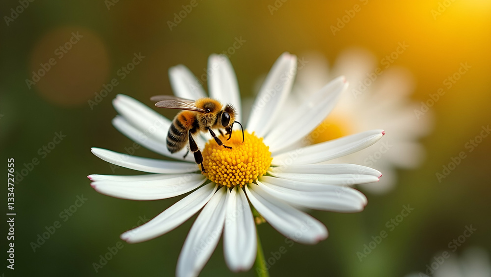 Obraz premium Stunning Autumn Garden: Bee Collecting Nectar from White Chrysanthemum Flowers - A Beautiful Display of Pollination and Nature's Splendor in Stock Photography with Space for Text